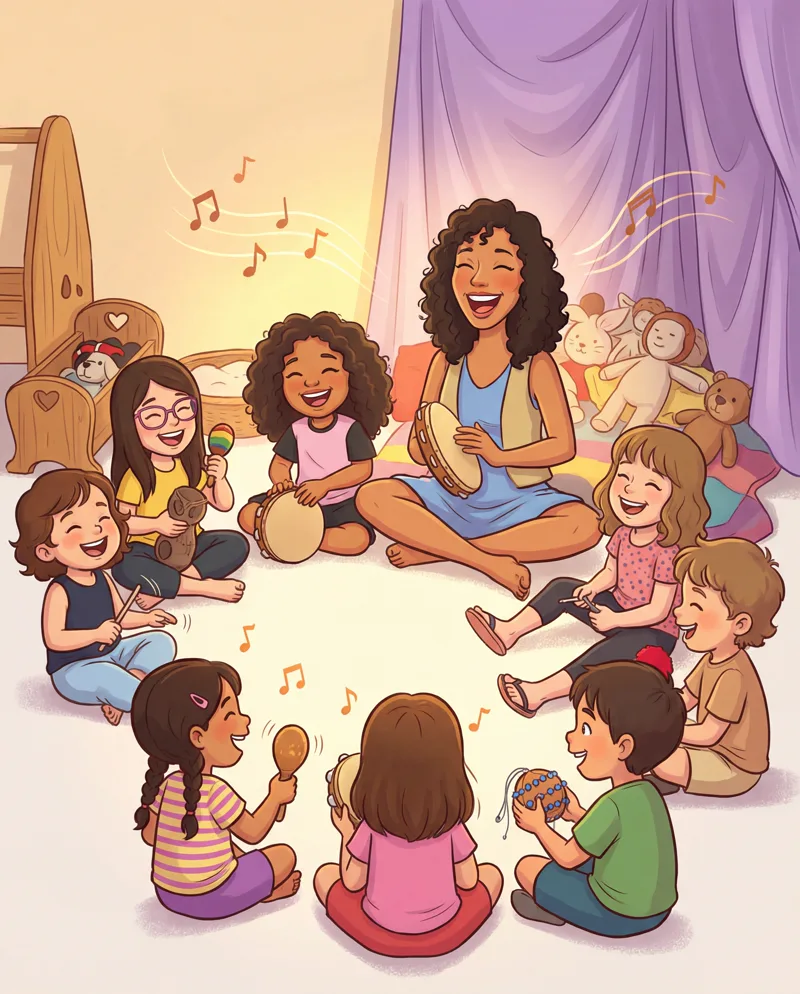 Professora Andréa Penha com crianças em roda musical